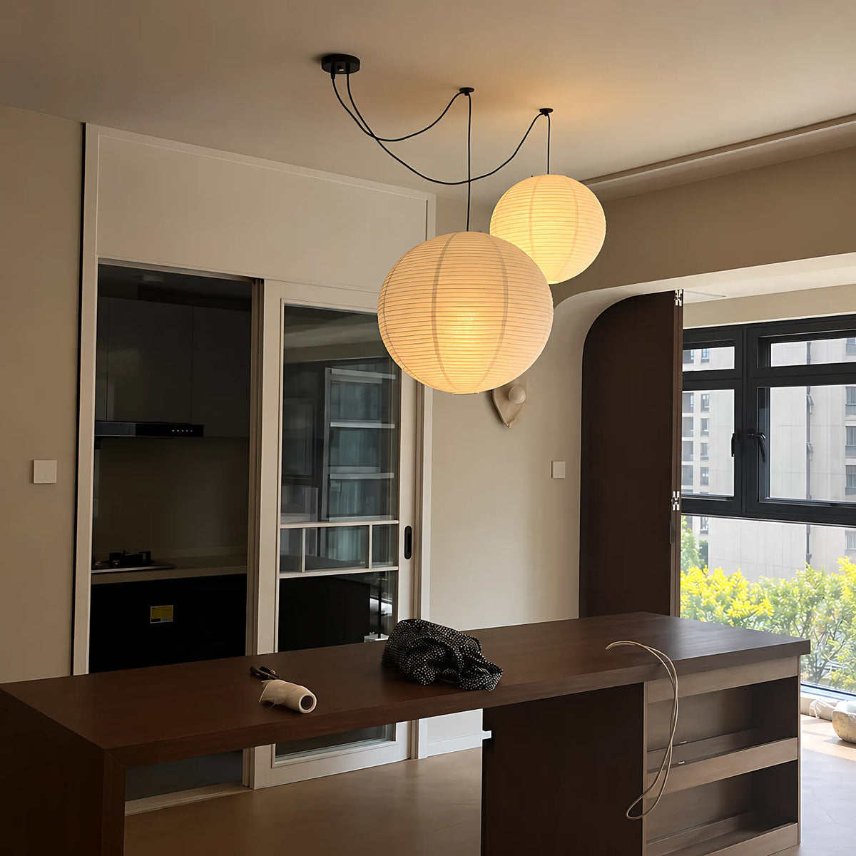 Japanese Swag Round Rice Paper Pendant Light