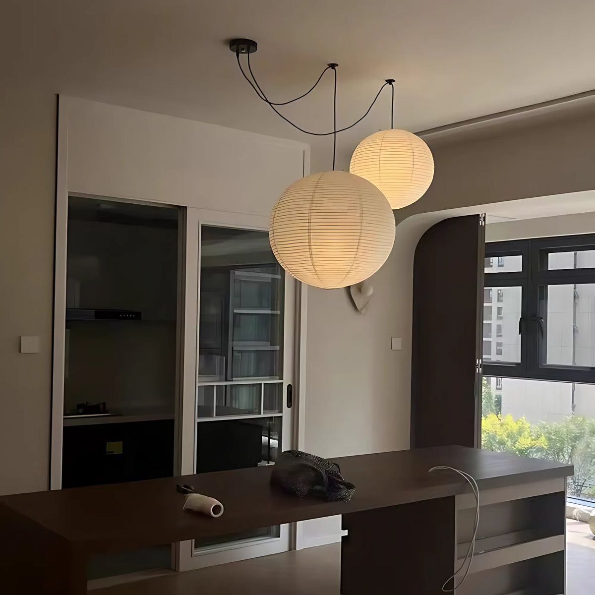 Japanese Swag Round Rice Paper Pendant Light